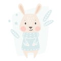 Bunny baby winter print. Cute animal in warm sweater christmas card.