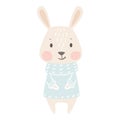 Bunny baby winter print. Cute animal in warm sweater christmas card.