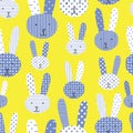 Cute bunnies blue white lime seamless pattern