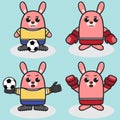 Vector illustration of cute Rabbit Boxing and Football cartoon set. Royalty Free Stock Photo