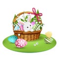 Adorable bunny in wicker basket with colorful eggs. Vector Royalty Free Stock Photo