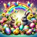 Bunny, basket of Easter eggs, chick, immersed in an idyllic multicolored landscape Royalty Free Stock Photo