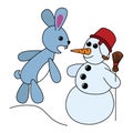 The bunny bites off the snowman\'s carrot nose. Cute childish art in cartoon style.