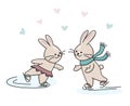 Bunny boy and bunny girl are ice skating Royalty Free Stock Photo