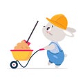 Bunny Builder Character Push Wheelbarrow with Shovel Vector Illustration