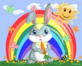 Bunny with a carrot in the meadow near the rainbow. Spring