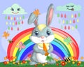 Bunny with a carrot in the meadow near the rainbow. Spring