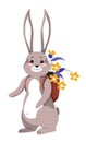 Bunny carrying flowers in rucksack happy hare vector