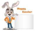 Bunny cartoon character. Cute rabbit businessman standing near big blank board