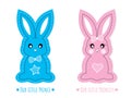 Blue and Pink Cute Bunny Character, vector isolated on white background, rabbit characters boy and girl