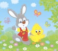 Bunny and Chick among butterflies and flowers