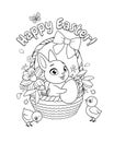 Bunny and chicks with basket full of flowers and eggs. Easter greeting with vector illustration for coloring book page.