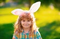 Bunny child. Child boy hunting easter eggs. Child boy with easter eggs and bunny ears in park.