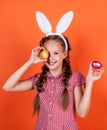 bunny child hold easter eggs ready for egg hunt, easter egg hunt