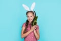 bunny child hold easter rabbit toy ready for egg hunt, easter bunny