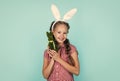 bunny child hold easter rabbit toy ready for egg hunt, easter bunny