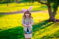 Bunny child. Kids boy hunting easter eggs. Child in bunny ears hunt Easter eggs.