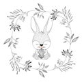 Bunny with closed eyes and holding easter egg in decorative frame of branches in monochrome silhouette Royalty Free Stock Photo