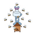 Bunny collects honey from bees. Children\'s illustration in cartoon style.