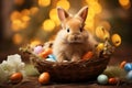 Bunny among colorful Easter eggs with warm lights. Easter greeting card. Royalty Free Stock Photo