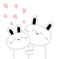 Bunny couple. Baby rabbit hare. Hugging family. Cute kawaii funny cartoon character. Hug, embrace, cuddle. Happy Valentines day. Royalty Free Stock Photo