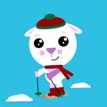 Bunny in cozzy hat and scarf skiing. Winter activities sport. Christmas rabbit, cartoon vector illustration