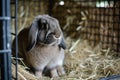 bunny with droopy ears sitting quietly in a strawfilled cage