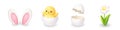 Bunny ears, hatching chick, cracked egg and daisy. Cute 3D Easter vector illustration set Royalty Free Stock Photo