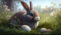 Bunny With Easter Eggs, Flowers And Green Grass - Generative AI Royalty Free Stock Photo