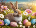 bunny and easter eggs in the meadow with flowers