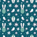 Bunny, egs and daisy cute vector seamless pattern. Easter blue background. Hand drawn illustration