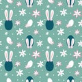 Bunny, egs and daisy vector seamless pattern. Easter pastel blue background. Hand drawn illustration