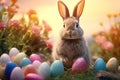 Bunny Euphoria: Adorable Easter Rabbit Lost in the Joyful Abundance of Vibrant Eggs. Generative AI