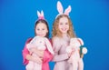 Bunny family. Children in rabbit bunny ears. Egg hunt. Family and sisterhood. Little girls with hare toy. family holiday Royalty Free Stock Photo