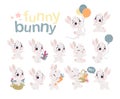 Collection of cute little white baby bunny with balloons, sit, jump, carry gift, basket, carrot isolated.