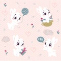 Vector seamless pattern with cute little white bunnies isolated.