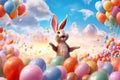 Bunny floating among colorful Easter balloons in the sky, with fluffy clouds and a backdrop of a vibrant sunrise, symbolizing the