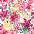 Bunny in flowers. Roses and lilies, watercolor illustration. Floral background, seamless patterns Royalty Free Stock Photo