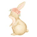 Bunny with flowers watercolor illustration. Hand drawn forest Hare with roses in pastel colors for Baby shower greeting Royalty Free Stock Photo