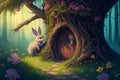 Cute rabbit at the door of the tree-house. A bunny in a fairy forest