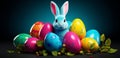 bunny and four easter eggs in cmyk colors - 3d rendering