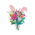 Bunny is hiding behind the flower bouquet. Spring and Easter concept illustration