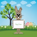 Bunny hold sign on spring lawn happy easter