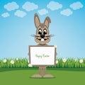 Bunny hold sign on spring lawn happy easter