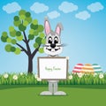 Bunny hold sign on spring lawn happy easter