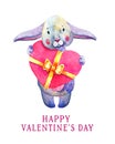 Bunny holding hear shape box. Saint Valentines day design template. Hand drawn watercolor illustration Royalty Free Stock Photo