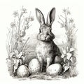 Bunny illustration gravure style. Easter concept on white background. For card or child book print.