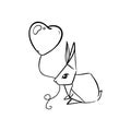 Bunny with an inflatable heart in its teeth sketch vector illustration hand draw