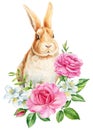 Bunny on isolated white background, bunny and Jasmin, rose flowers, leaves. Easter rabbit. Watercolor Cute animal