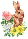 Bunny on isolated white background, bunny and Jasmin, rose flowers, leaves. Easter rabbit. Watercolor Cute animal